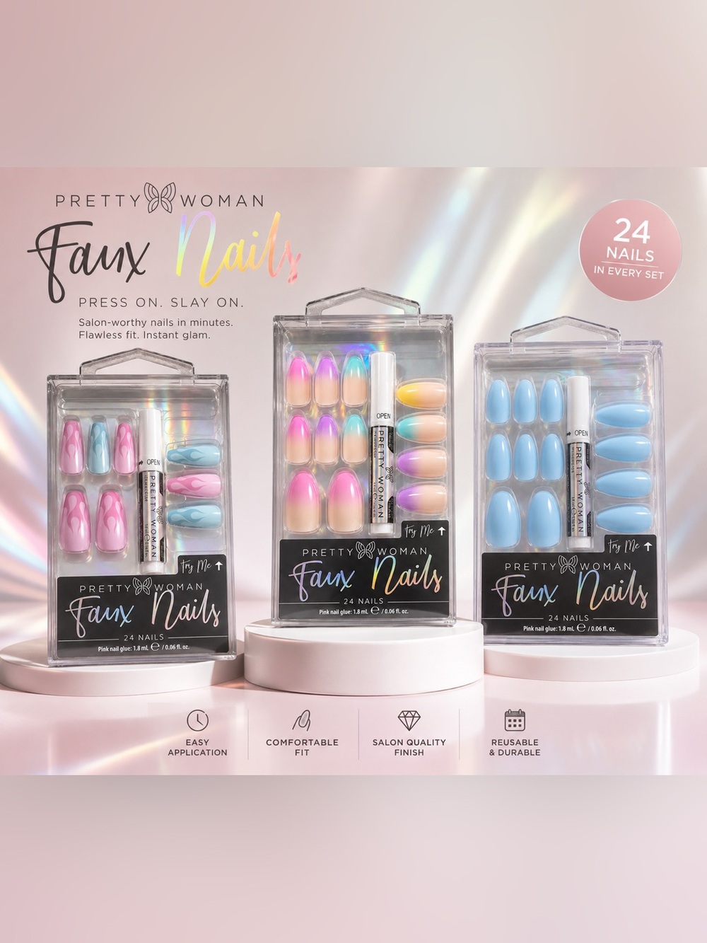 💖🔥 Pretty Woman Faux Nails | Pink & Blue Flame Press-On Nails | 24 Nails | NWT